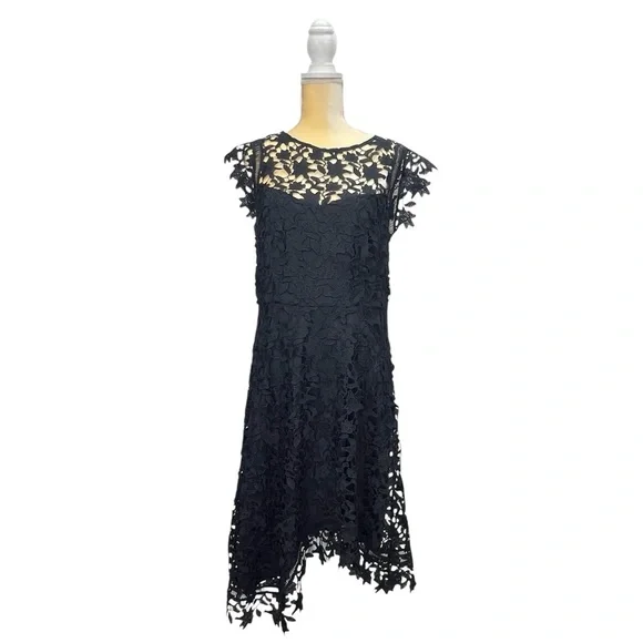 Eliza J Asymmetric Lace Dress Navy Blue Size 12 Cap Sleeve Cocktail  Occasion EUC Dresses